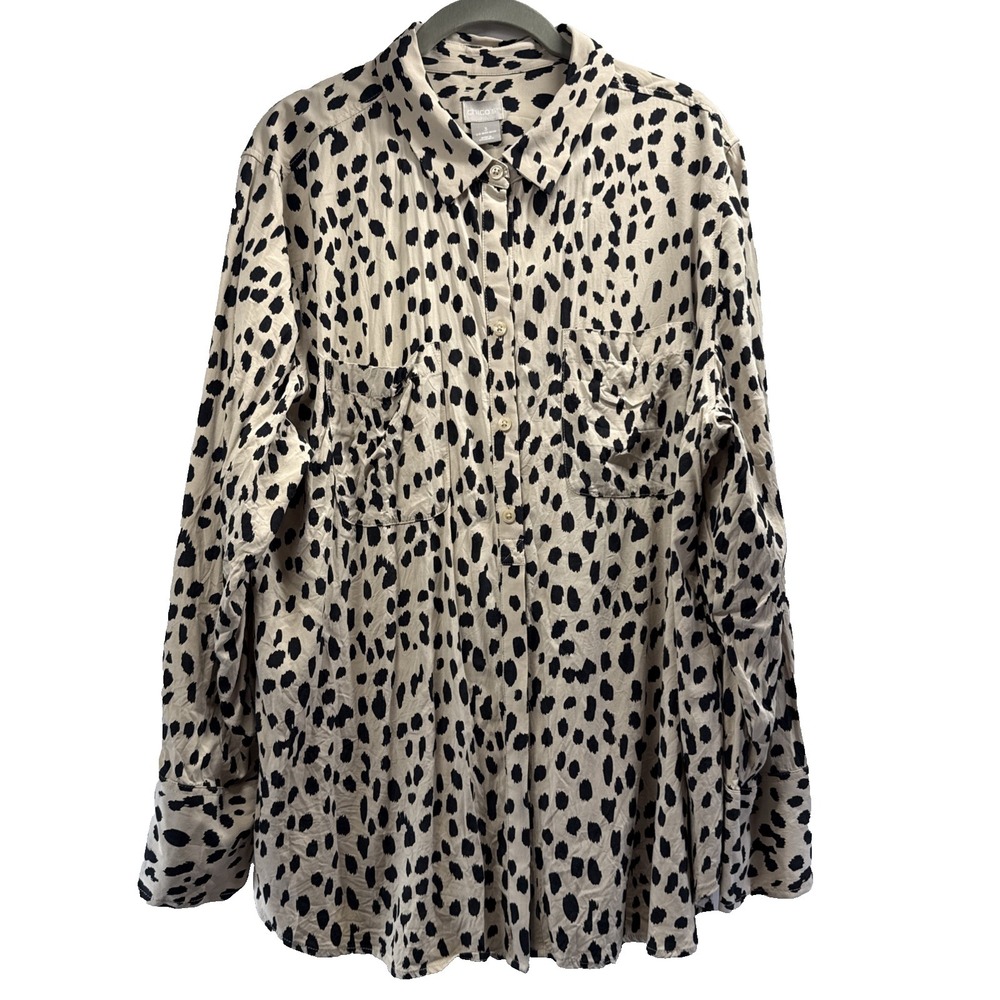 Chicos Women's‎ Top Size XL Black Tan Animal Print Long Sleeve Hidden Button Up